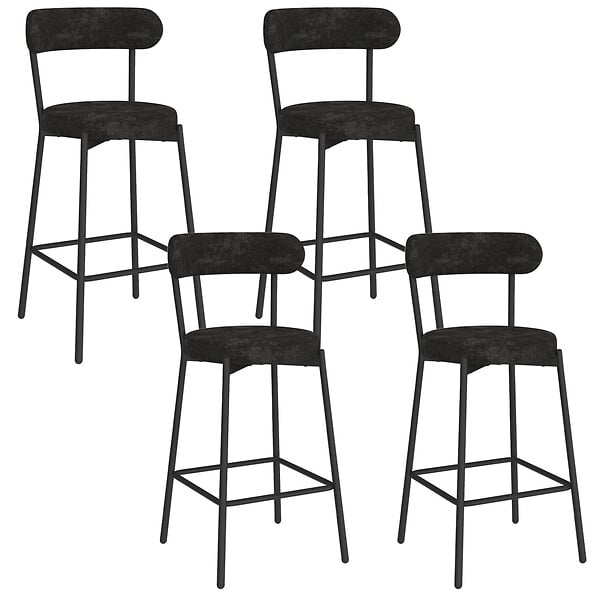 ID MARKET - Lot de 4 tabourets de bar MIKI dossier incurvé en tissu chenille noir pieds en métal noir - large