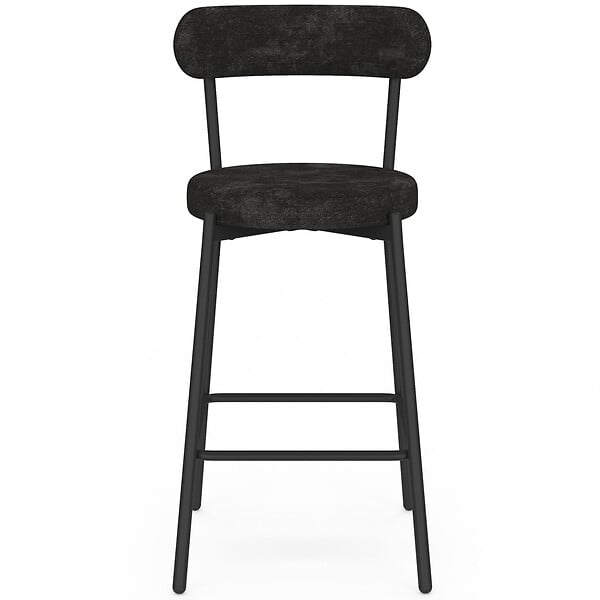 ID MARKET - Lot de 4 tabourets de bar MIKI dossier incurvé en tissu chenille noir pieds en métal noir - large