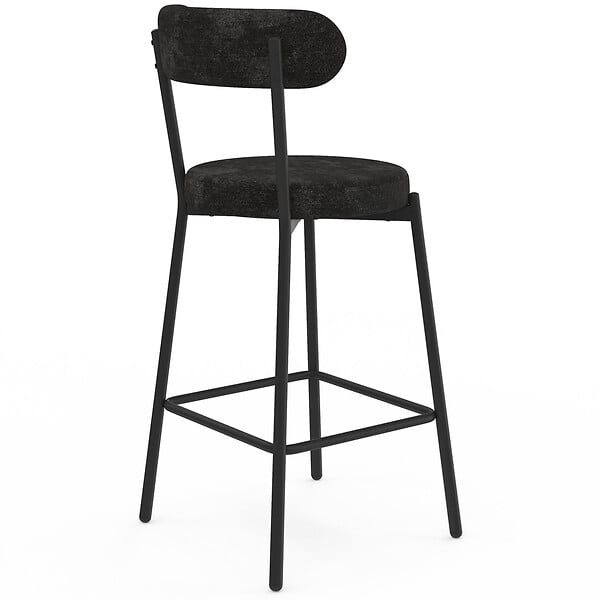 ID MARKET - Lot de 4 tabourets de bar MIKI dossier incurvé en tissu chenille noir pieds en métal noir - large