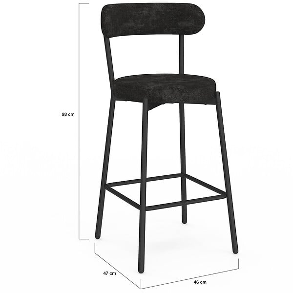 ID MARKET - Lot de 4 tabourets de bar MIKI dossier incurvé en tissu chenille noir pieds en métal noir - large