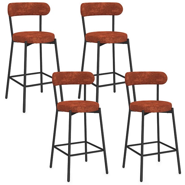 ID MARKET - Lot de 4 tabourets de bar MIKI dossier incurvé en tissu chenille terracotta pieds en métal noir - large
