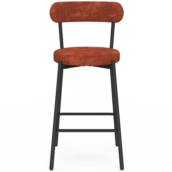 ID MARKET - Lot de 4 tabourets de bar MIKI dossier incurvé en tissu chenille terracotta pieds en métal noir - large