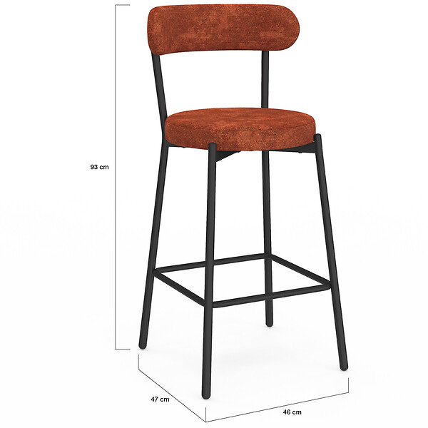 ID MARKET - Lot de 4 tabourets de bar MIKI dossier incurvé en tissu chenille terracotta pieds en métal noir - large