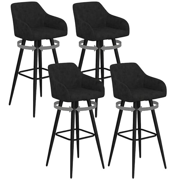 ID MARKET - Lot de 4 tabourets de bar JANY pivotants avec accoudoirs en velours noir et pieds bois noir - large