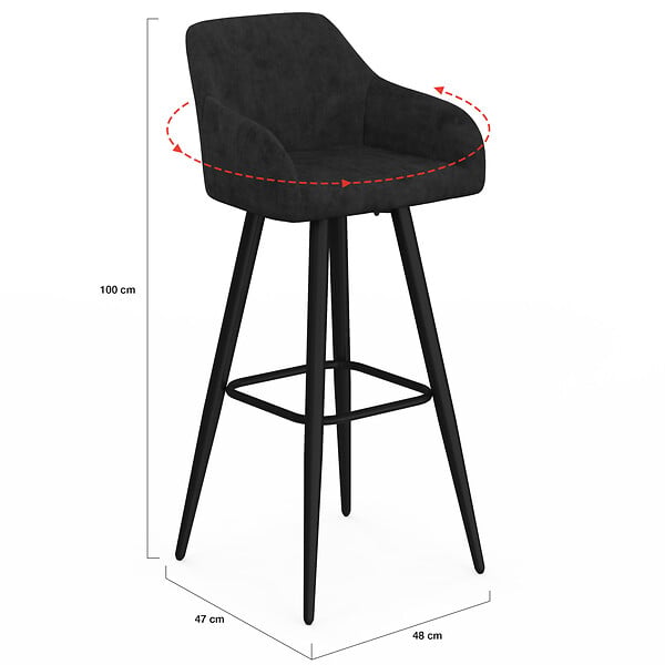 ID MARKET - Lot de 4 tabourets de bar JANY pivotants avec accoudoirs en velours noir et pieds bois noir - large