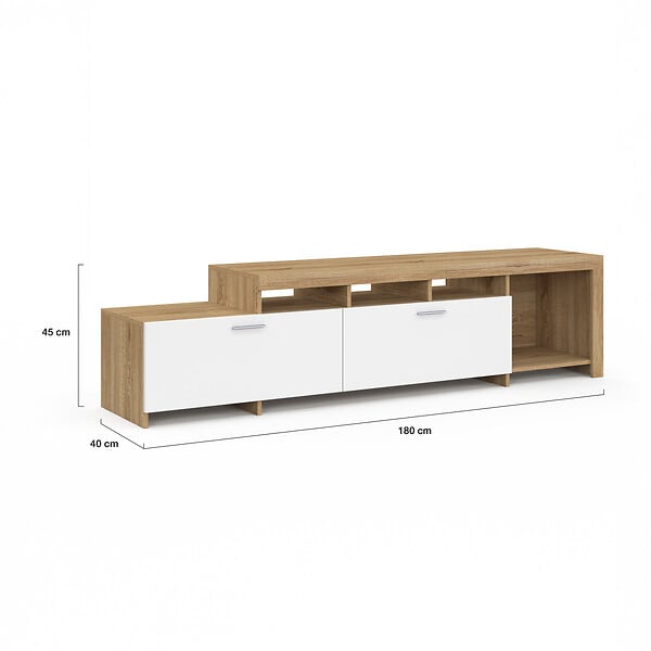 ID MARKET - Meuble TV  180 cm MALO  bois et placards blancs - large