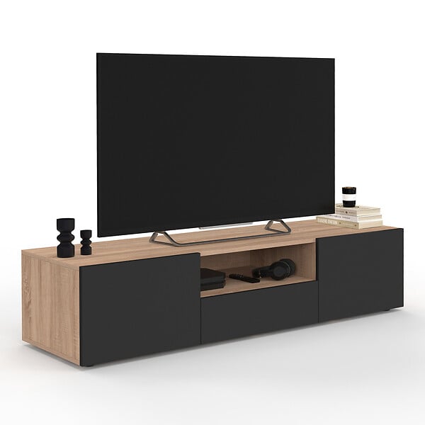 ID MARKET - Meuble TV 140 cm ELI bois façon hêtre portes noires - large