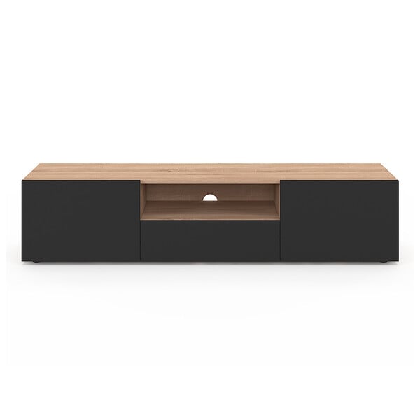 ID MARKET - Meuble TV 140 cm ELI bois façon hêtre portes noires - large