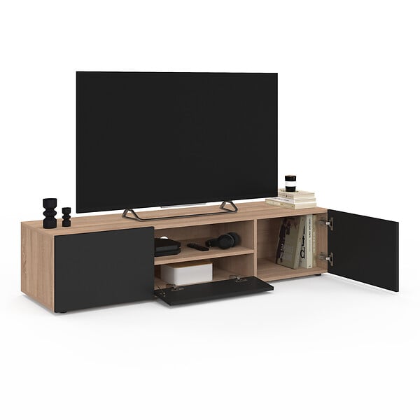 ID MARKET - Meuble TV 140 cm ELI bois façon hêtre portes noires - large