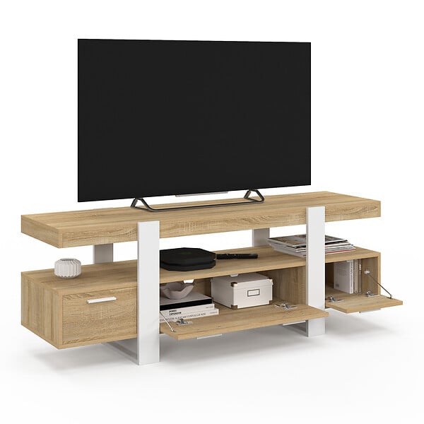 ID MARKET - Meuble TV 140 cm PHOENIX avec tiroirs bois et blanc - large
