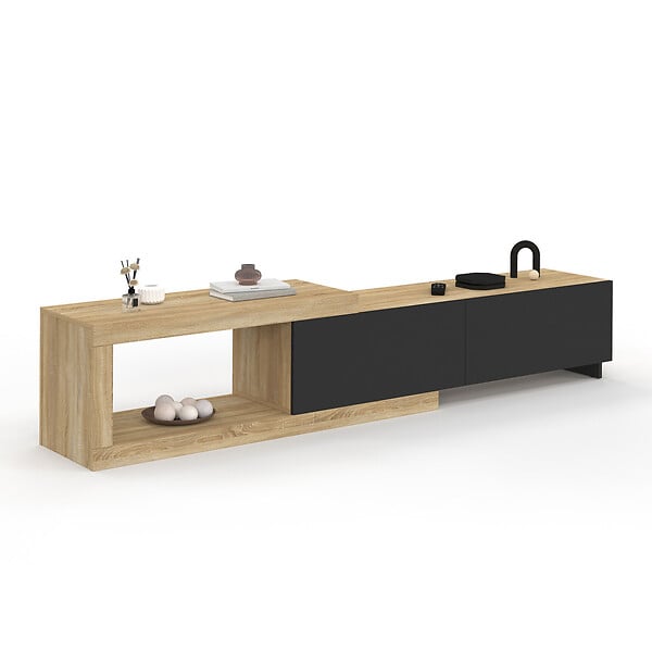 ID MARKET - Meuble TV extensible 140-200 cm RAPHAEL 2 portes bois et noir - large