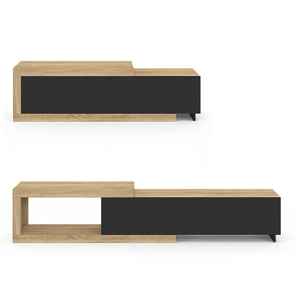 ID MARKET - Meuble TV extensible 140-200 cm RAPHAEL 2 portes bois et noir - large