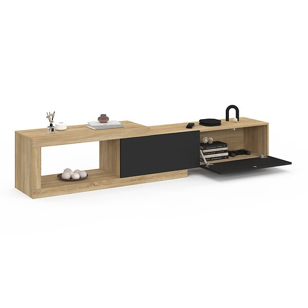 ID MARKET - Meuble TV extensible 140-200 cm RAPHAEL 2 portes bois et noir - large