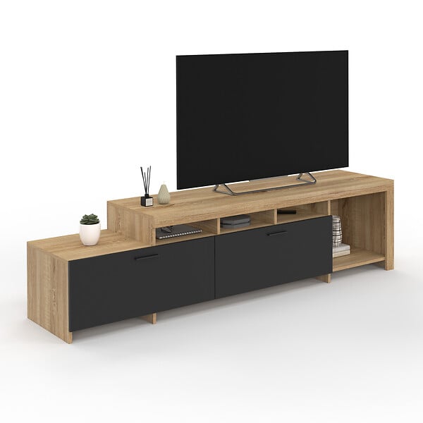 ID MARKET - Meuble TV  180 cm MALO  bois et placards noirs - large