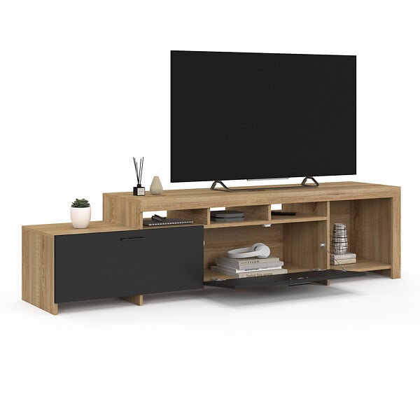 ID MARKET - Meuble TV  180 cm MALO  bois et placards noirs - large