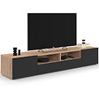 ID MARKET - Meuble TV 180 cm ELI bois façon hêtre portes noires - vignette