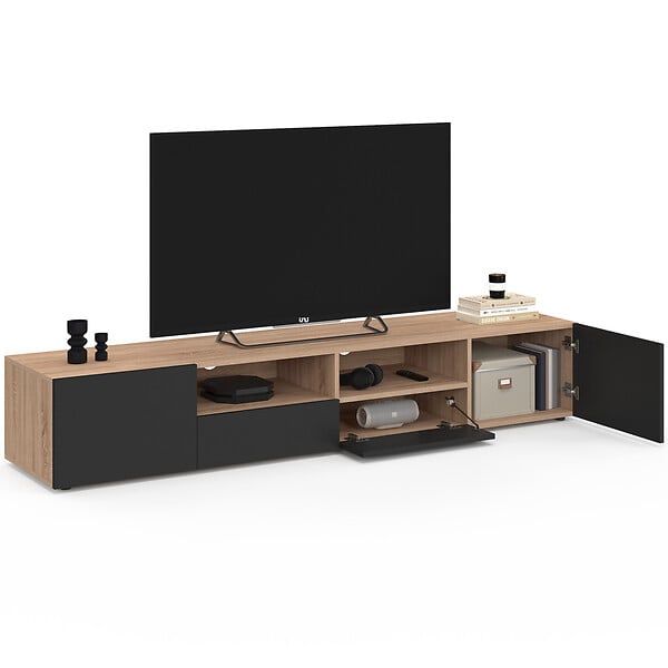 ID MARKET - Meuble TV 180 cm ELI bois façon hêtre portes noires - large