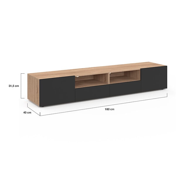 ID MARKET - Meuble TV 180 cm ELI bois façon hêtre portes noires - large