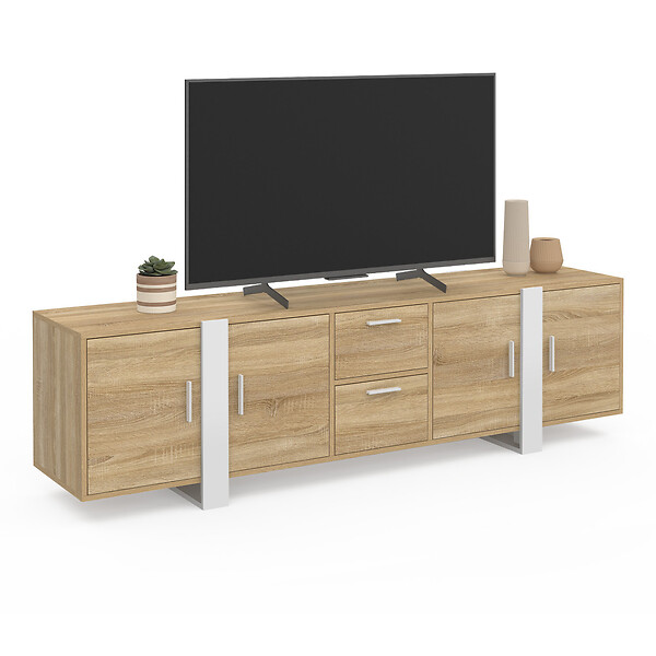 ID MARKET - Meuble TV 180 cm PHOENIX 4 portes + 2 tiroirs bois et blanc - large