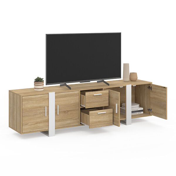 ID MARKET - Meuble TV 180 cm PHOENIX 4 portes + 2 tiroirs bois et blanc - large
