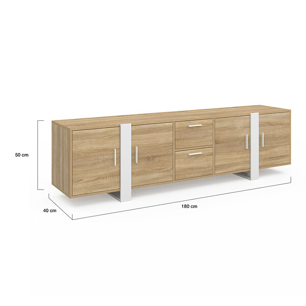 ID MARKET - Meuble TV 180 cm PHOENIX 4 portes + 2 tiroirs bois et blanc - large