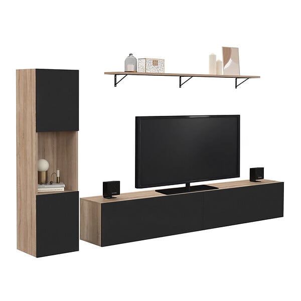 ID MARKET - Ensemble meuble TV 180 cm avec colonne et étagère ELIO bois et noir - large