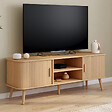 ID MARKET - Meuble TV 140 cm ROMIE 2 portes coulissantes lattes tasseau bois coloris chêne - vignette
