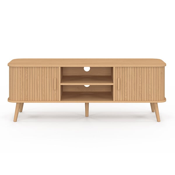 ID MARKET - Meuble TV 140 cm ROMIE 2 portes coulissantes lattes tasseau bois coloris chêne - large