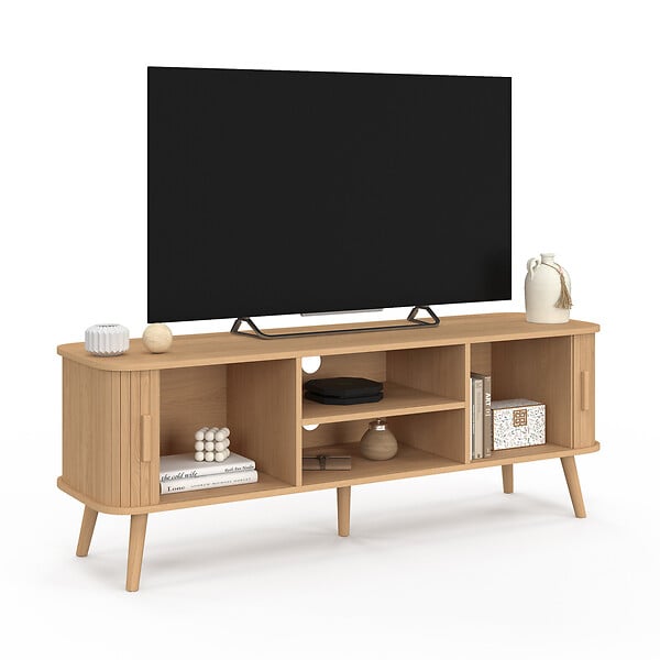 ID MARKET - Meuble TV 140 cm ROMIE 2 portes coulissantes lattes tasseau bois coloris chêne - large