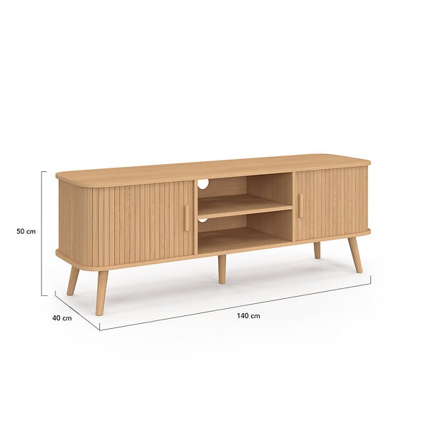 ID MARKET - Meuble TV 140 cm ROMIE 2 portes coulissantes lattes tasseau bois coloris chêne - large
