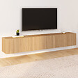 ID MARKET - Meuble TV 180 cm suspendu JULIETTE 2 portes lattes tasseau bois coloris chêne - vignette