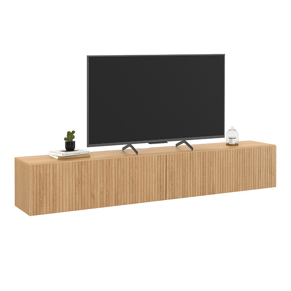 ID MARKET - Meuble TV 180 cm suspendu JULIETTE 2 portes lattes tasseau bois coloris chêne - large