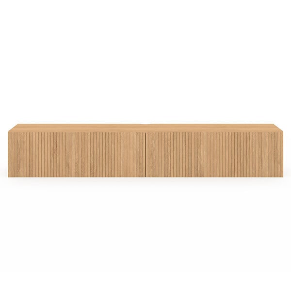 ID MARKET - Meuble TV 180 cm suspendu JULIETTE 2 portes lattes tasseau bois coloris chêne - large