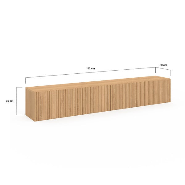 ID MARKET - Meuble TV 180 cm suspendu JULIETTE 2 portes lattes tasseau bois coloris chêne - large