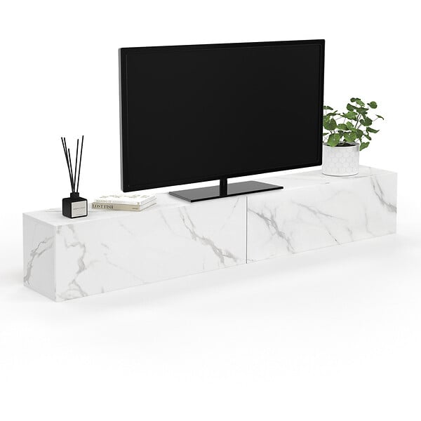 ID MARKET - Meuble TV 180 cm suspendu ELIO 2 portes bois effet marbre - large