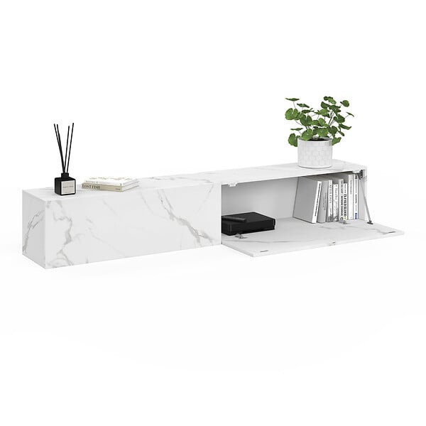 ID MARKET - Meuble TV 180 cm suspendu ELIO 2 portes bois effet marbre - large