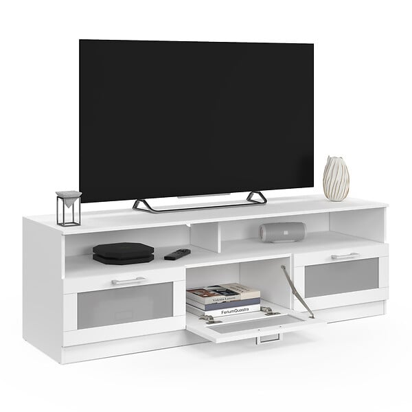 ID MARKET - Meuble TV 140 cm VITO portes givrées blanc - large