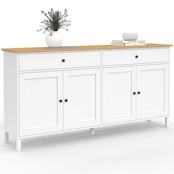 ID MARKET - Buffet 160cm ACHILLE 4 portes et 2 tiroirs blanc et plateau bois - large