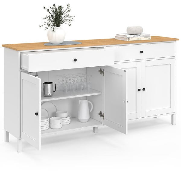 ID MARKET - Buffet 160cm ACHILLE 4 portes et 2 tiroirs blanc et plateau bois - large