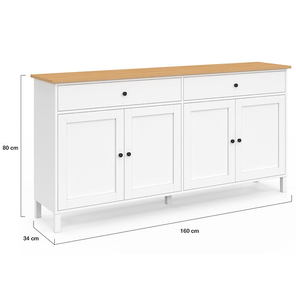 ID MARKET - Buffet 160cm ACHILLE 4 portes et 2 tiroirs blanc et plateau bois - large
