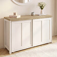 ID MARKET - Buffet extensible 120 cm 2 portes coulissantes avec table à manger rotative et pliable JANGO 2 à 4 personnes blanc et bois - vignette