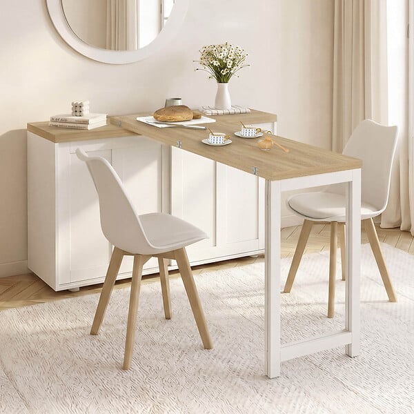 ID MARKET - Buffet extensible 120 cm 2 portes coulissantes avec table à manger rotative et pliable JANGO 2 à 4 personnes blanc et bois - large