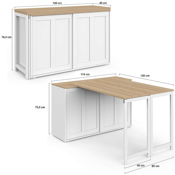 ID MARKET - Buffet extensible 120 cm 2 portes coulissantes avec table à manger rotative et pliable JANGO 2 à 4 personnes blanc et bois - large
