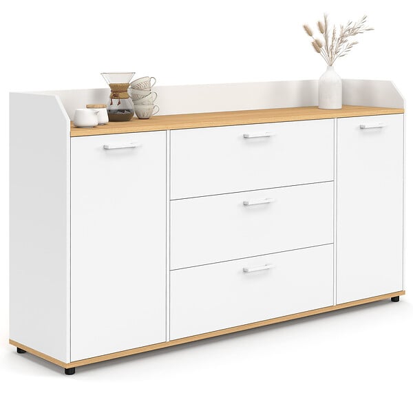 ID MARKET - Buffet 140 cm JABA 4 portes avec rebord blanc et plateau bois façon hêtre - large