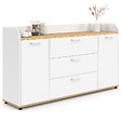 ID MARKET - Buffet 140 cm JABA 4 portes avec rebord blanc et plateau bois façon hêtre - vignette