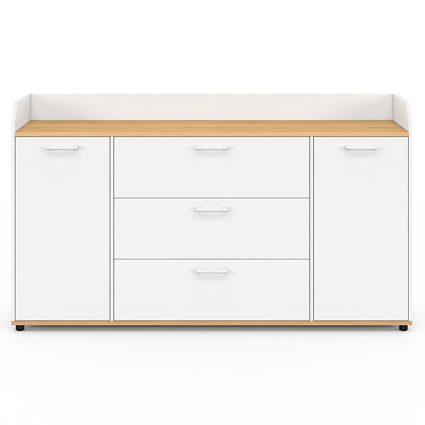 ID MARKET - Buffet 140 cm JABA 4 portes avec rebord blanc et plateau bois façon hêtre - large