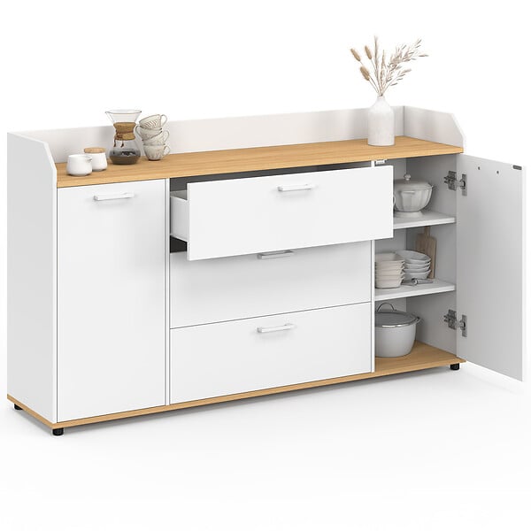 ID MARKET - Buffet 140 cm JABA 4 portes avec rebord blanc et plateau bois façon hêtre - large