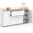 ID MARKET - Buffet 140 cm JABA 4 portes avec rebord blanc et plateau bois façon hêtre - vignette