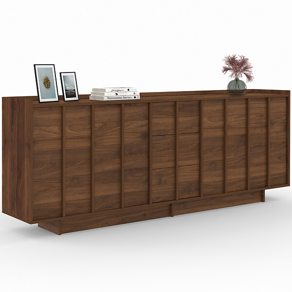 ID MARKET - Buffet 200 cm ROSIE 4 portes et 3 tiroirs façon noyer design minimaliste - large