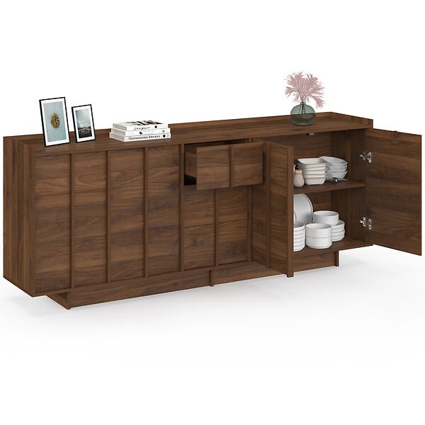 ID MARKET - Buffet 200 cm ROSIE 4 portes et 3 tiroirs façon noyer design minimaliste - large